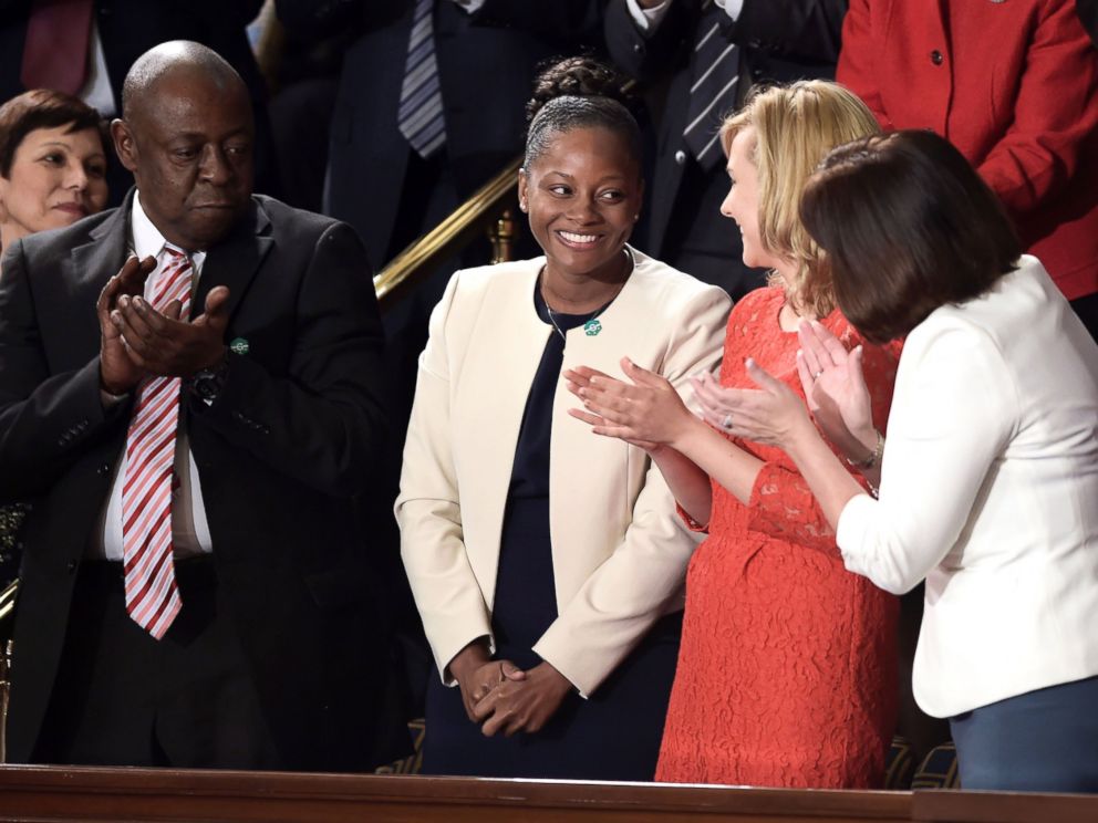 PHOTO: Denisha Merriweather is recognized as President Donald Trump addresses a joint session of Congress on Feb. 28, 2017, in Washington, DC.
