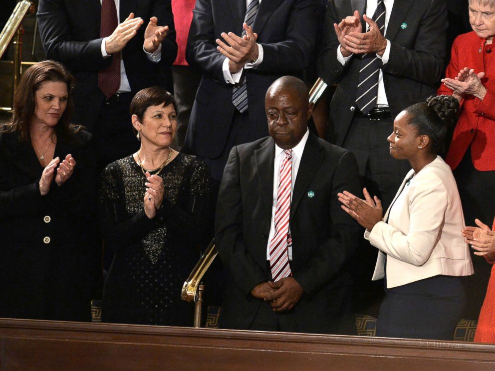 PHOTO: Jamiel Shaw, Sr. is applauded as President Donald Trump addresses a joint session of Congress on Feb. 28, 2017 in Washington, DC.