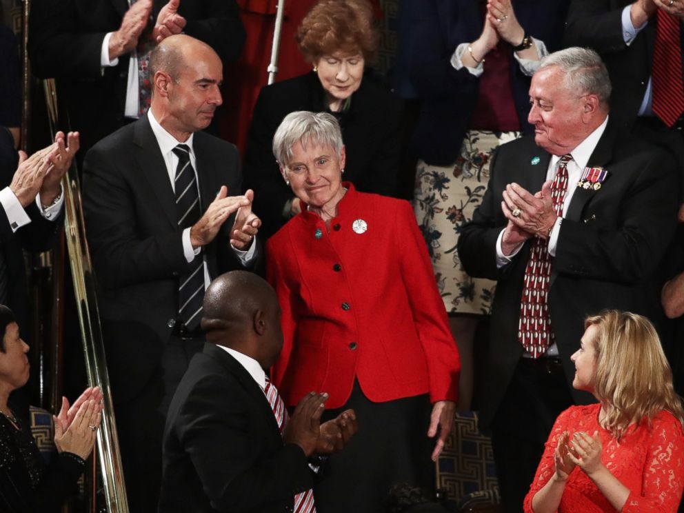 PHOTO: Maureen Scalia, the widow of late Supreme Court Justice Antonin Scalia, looks on as President Donald Trump addresses a joint session of the U.S. Congress on Feb. 28, 2017 in Washington, DC.