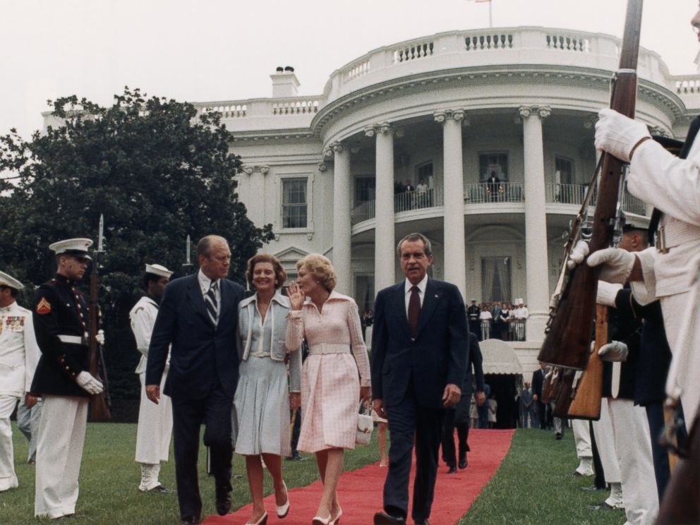 PHOTO: After resigning, President Nixon leaves the White House with his family, vice president Ford and his wife, Aug. 9, 1974.