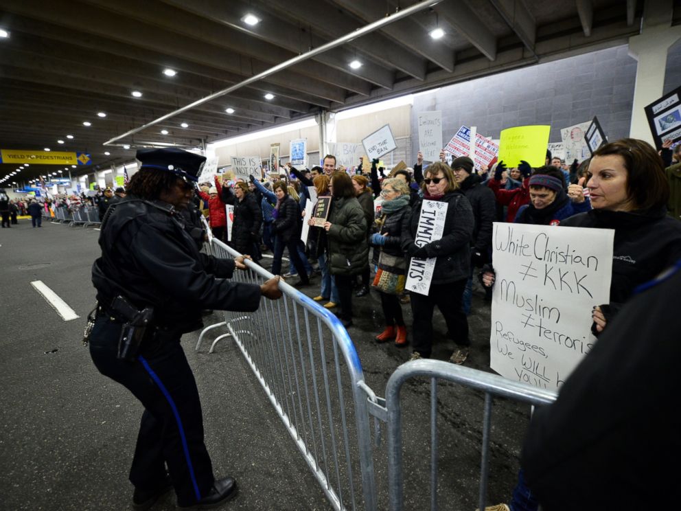 PHOTO: Police create more space as hundreds of protesters fill the Philadelphia International Airport on Jan. 29th, 2017 in Philadelphia Pennsylvania.