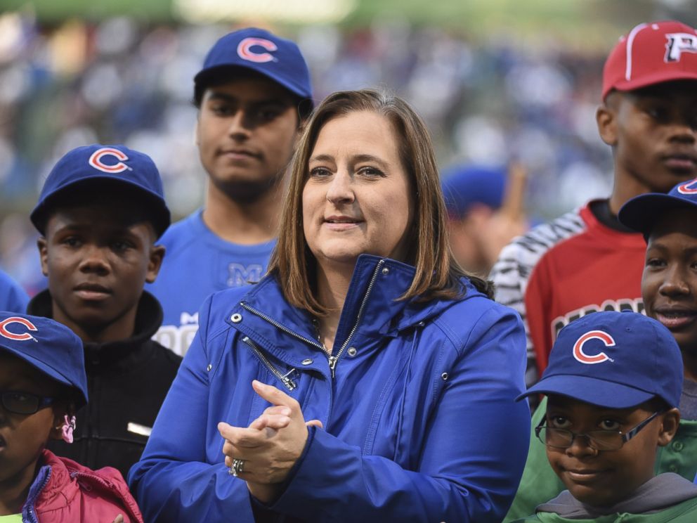 PHOTO: Laura M. Ricketts (C) co-owner of the Chicago Cubs before the game between the Chicago Cubs and the Cincinnati Reds, April 14, 2016, at Wrigley Field in Chicago.