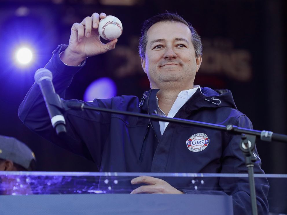 PHOTO:Tom Ricketts of the Chicago Cubs holds the ball from the final out of the World Series during the Chicago Cubs victory celebration in Grant Park, Nov. 4, 2016, in Chicago. 