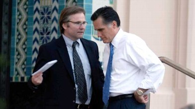 PHOTO: Mitt Romney speaks with his traveling press secretary Eric Fehrnstrom before a press conference after a campaign rally at the San Diego County Admin. Building, San Diego Calif., Jan. 31, 2008.