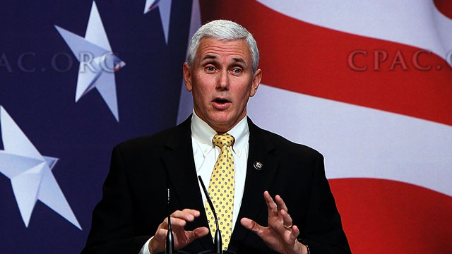 PHOTO: House Republican Conference Chairman Mike Pence (R-IN) delivers remarks at the Conservative Political Action Conference annual meeting February 19, 2010 in Washington, DC.