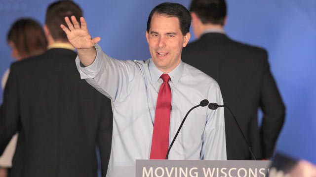 PHOTO: Wisconsin Governor Scott Walker greets supporters at an election-night rally June 5, 2012 in Waukesha, Wisconsin.