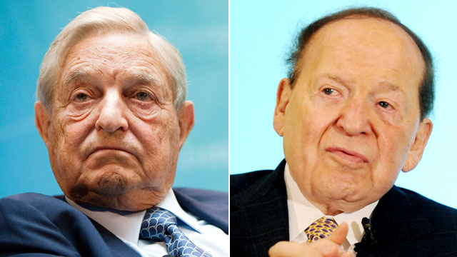 PHOTO: George Soros, left, takes part in a panel discussion at the IMF and World Bank annual fall meeting in Washington, D.C., Sept. 24, 2011. Sheldon Adelson, right, speaks at a luncheon in Macau, June 8, 2011.