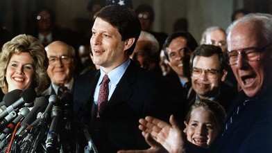 PHOTO: Senator Albert Gore Jr., makes an announcement with wife Tipper, daughter Kristin and his father, former Senator Albert Gore Sr., left.