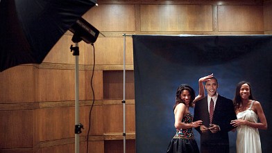 PHOTO: Guests pose with an Obama cutout during the "Audacity Of Hope Ball" Jan. 17, 2009 in Washington, D.C.