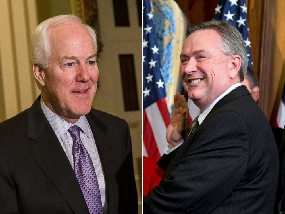 PHOTO: U.S. Senate Minority Whip Sen. John Cornyn walks through the Capitol Building on October 14, 2013 in Washington, DC while Rep. Steve Stockman is seen in this Jan. 3, 2013 file photo participating in a mock swearing-in ceremony in Washington, DC.