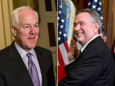 PHOTO: U.S. Senate Minority Whip Sen. John Cornyn walks through the Capitol Building on October 14, 2013 in Washington, DC while Rep. Steve Stockman is seen in this Jan. 3, 2013 file photo participating in a mock swearing-in ceremony in Washington, DC.
