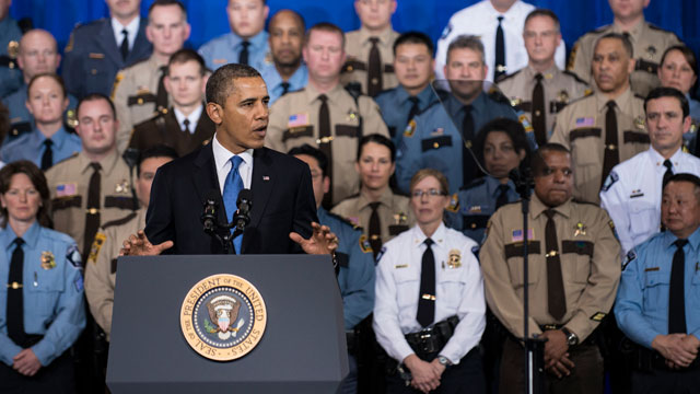PHOTO: US President Barack Obama speaks about gun violence at the Minneapolis Police Departments special operations center, Feb. 4, 2013 in Minneapolis.