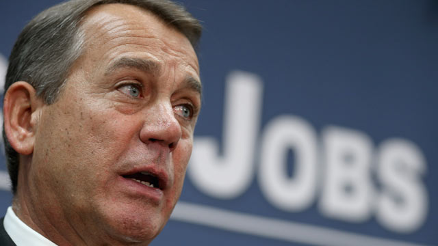 PHOTO: Speaker of the House John Boehner talks with reporters after the weekly House GOP caucus meeting at the U.S. Capitol, Dec. 12, 2012, in Washington.