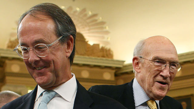 PHOTO: Co-chairmen of the National Commission on Fiscal Responsibility and Reform, Erskine Bowles, left, and former Sen. Alan Simpson, (R-WY) right, participate in a Joint Deficit Reduction Committee hearing on Capitol Hill, Nov. 1, 2011, in Washington,
