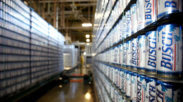 PHOTO: Stacks of empty Busch beer cans stand in the empty can receiving area of the Anheuser-Busch InBev NV Fairfield brewery in Fairfield, Calif.