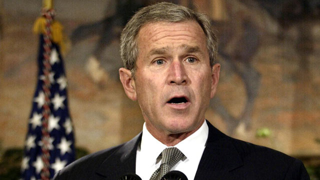 PHOTO: George W. Bush delivers a statement, Oct. 10, 2002 in the Roosevelt Room of the White House in Washington, DC, welcoming the House of Representatives vote authorizing him to make war on Baghdad.