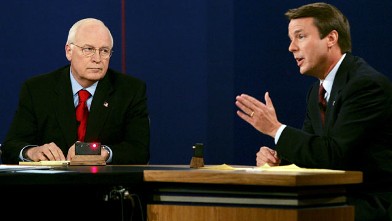 PHOTO: U.S. Vice President Dick Cheney listens as Democratic vice presidential candidate U.S. Senator John Edwards speaks during their debate at Case Western University in Cleveland, Ohio in this Oct. 5, 2004 file photo.
