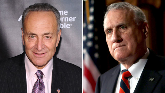 PHOTO: Senator Charles Schumer at New York Public Library, Oct. 11, 2012, in New York City; Senator Jon Kyl listens during a news conference, Nov. 27, 2012, on Capitol Hill in Washington, DC.