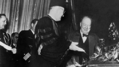PHOTO: U.S. President Harry S. Truman (1884 - 1972) introduces his guest speaker, British statesman Winston Churchill (1874 - 1965), at Westminster College Fulton, Missouri. Churchill went on to make his famous 'Iron Curtain' speech, March 5, 1946.