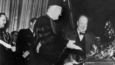 PHOTO: U.S. President Harry S. Truman (1884 - 1972) introduces his guest speaker, British statesman Winston Churchill (1874 - 1965), at Westminster College Fulton, Missouri. Churchill went on to make his famous 'Iron Curtain' speech, March 5, 1946.