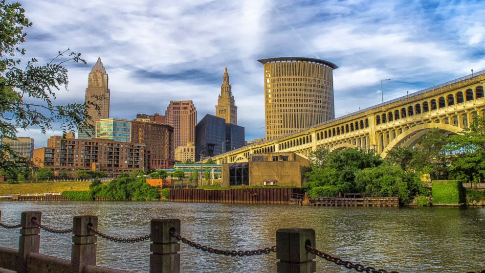 PHOTO: The Veterans Memorial Bridge is seen with the downtown Cleveland Skyline in the background.