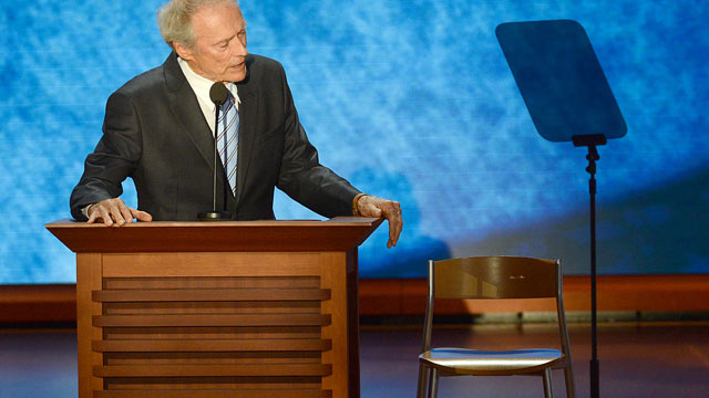 PHOTO: Clint Eastwood address a chair that he pretends has President Obama in it during his speech on the final day of the 2012 Republican National Convention, Aug. 30, 2012 in Tampa, Florida.