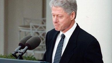 PHOTO: President Bill Clinton speaks to the press at the White House after the Senate acquitted him in the Senate impeachment trial, Feb. 12, 1999.