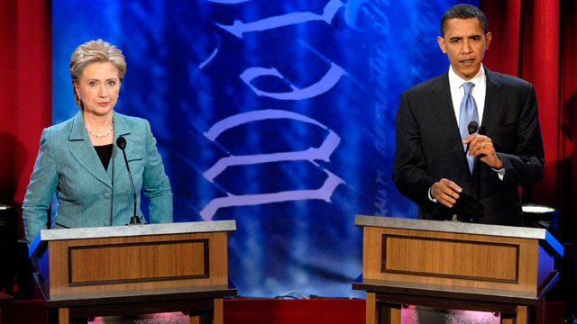 PHOTO: Barack Obama, U.S. senator from Illinois and Hillary Clinton, U.S. senator from New York, prepare to continue a debate at the National Constitution Center in Philadelphia, PA in this April 16, 2008 file photo.