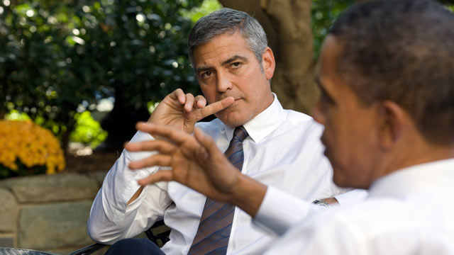 PHOTO: President Barack Obama (R) talks about Sudan with actor George Clooney during a meeting outside the Oval Office October 12, 2010 in Washington, DC.