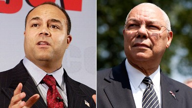 PHOTO: Chairman Michael Powell gestures as he speaks at a press conference, left, and Colin Powell, former U.S. secretary of state.