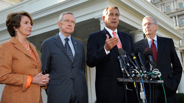 PHOTO: House Minority Leader Nancy Pelosi (D-CA), Senate Majority Leader Harry Reid (D-NV), Speaker of the House John Boehner (R-OH), and Senate Minority Leader Mitch McConnell (R-KY) speak to the media at the White House on November 16, 2012 in Washingto