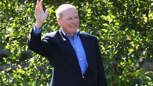 PHOTO: Dan Winslow stands next to one of his unique campaign signs, Norfolk, Mass, Sept. 20, 2012.