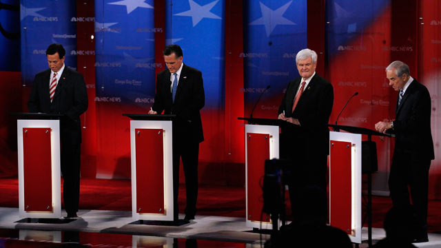 PHOTO: Republican presidential candidates Rick Santorum, Mitt Romney, Newt Gingrich and Ron Paul prepare for the NBC News, National Journal, Tampa Bay Times GOP debate held at the University of South Florida on Jan. 23, 2012 in Tampa, Florida.