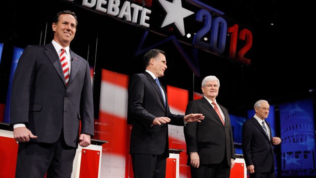 PHOTO: Republican presidential candidates, Rick Santorum, Mitt Romney, Newt Gingrich and Ron Paul as they participate in the NBC News, National Journal, Tampa Bay Times debate held at the University of South Florida on January 23, 2012 in Tampa, Florida.