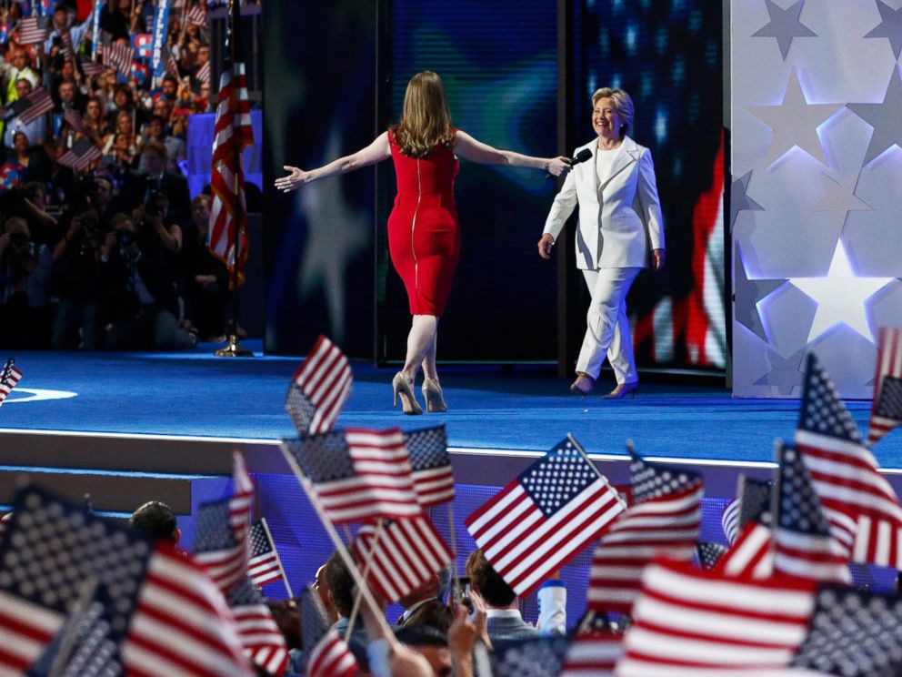 PHOTO: Democratic presidential nominee Hillary Clinton arrives on stage after her daughter Chelsea Clinton introduced her on the fourth day of the Democratic National Convention, July 28, 2016 in Philadelphia.