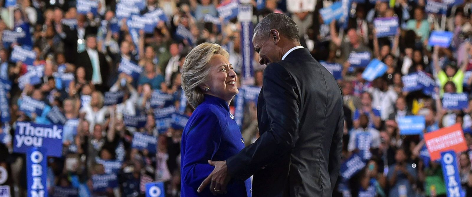 PHOTO: President Barack Obama is joined by Democratic presidential nominee Hillary Clinton after his address to the Democratic National Convention in Philadelphia, July 27, 2016.