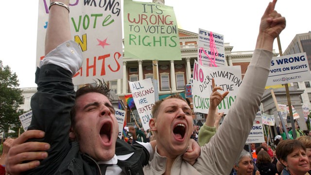 PHOTO: In this file photo, Greg Kimball and Brian O'Connor shout outside the State House June 14, 2007 in Boston, MA when a special convening of the state congress voted to kill a referendum that would have placed the Gay Marriage issue on the ballot in 2