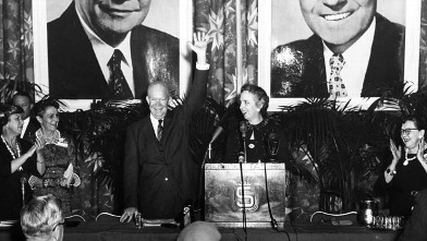 PHOTO: US President Dwight Eisenhower waves from the stage at a re-election campaign event in this March 6, 1956 file photo.