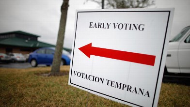 PHOTO: A sign lets voters know they can cast early ballots for the Floriday primary election at the South Creek Branch Library Jan. 27, 2012 in Orlando, Florida.