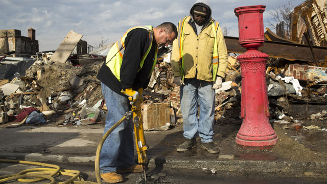 PHOTO: A jack-hammer operator from New Yorks Department of Environmental Protection, DEP, removes asphalt from a street, Jan. 17, 2013, to fix a leaking water pipe damaged during Hurricane Sandy in the Rockaways in the Queens borough of New York.