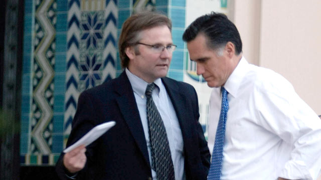 PHOTO: Mitt Romney speaks with his traveling press secretary Eric Fehrnstrom in this Jan. 31, 2008 file photo in San Diego, California.