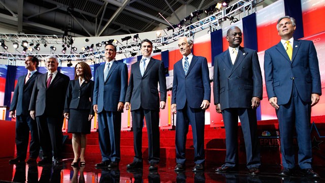 PHOTO: Candidates Rick Santorum, Newt Gingrich, U.S. Rep. Michele Bachmann (R-MN), Mitt Romney, Texas Gov. Rick Perry, U.S. Rep. Ron Paul (R-TX), Herman Cain and Jon Huntsman, Jr.