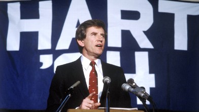 PHOTO: Politician Gary Hart speaks after he finding out he has won the primary in New Hampshire for the presidential election, Boston, Massachusetts, Feb. 28, 1984.