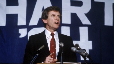 PHOTO: Politician Gary Hart speaks after he finding out he has won the primary in New Hampshire for the presidential election in this Feb. 28, 1984 file photo in Boston, Massachusetts.