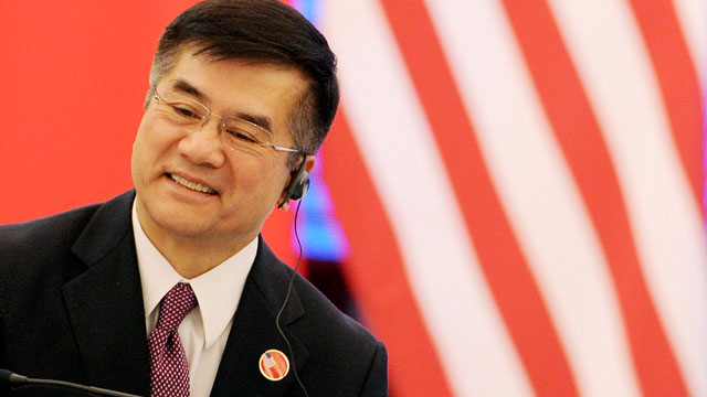 PHOTO: The US Ambassador to China Gary Locke gestures during the US-China People-to-People Exchange at the National Museum in Beijing on May 4, 2012.