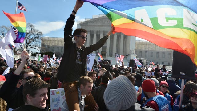 PHOTO: Same-sex marriage supporters demonstrate in front of the Supreme Court, March 27, 2013, in Washington.