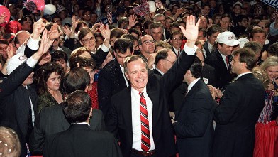 PHOTO: President-elect George Bush wades through the crowd following his acceptance speech at the Brown Convention Center in Houston in this Nov. 8, 1988 file photo.