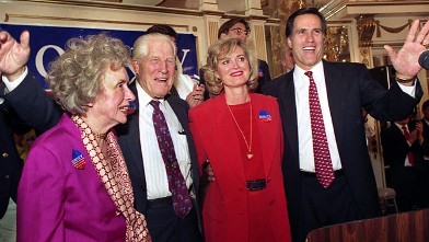PHOTO: With Romney on stage are, from left to right, his mother Lenore Romney, his father George Romney, and wife Ann.