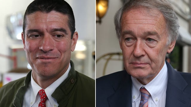 PHOTO: Republican Gabriel Gomez, left, on the campaign trail for a Senate seat is at Auto Service and Tire Inc. in Mattapan, Massachusetts on May 28, 2013 while Democratic candidate for Senate Edward Markey is seen right at a fundraising event in Boston o