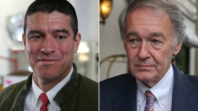 PHOTO: Republican Gabriel Gomez, left, on the campaign trail for a Senate seat is at Auto Service and Tire Inc. in Mattapan, Massachusetts on May 28, 2013 while Democratic candidate for Senate Edward Markey is seen right at a fundraising event in Boston o
